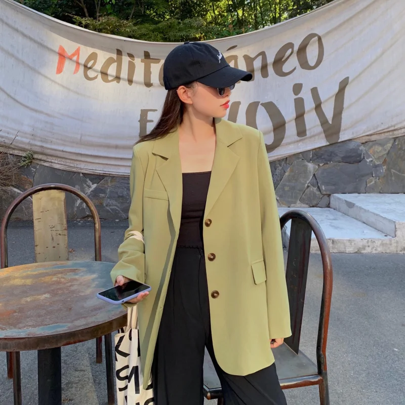 

HziriP Korean Green Large Size Brief Solid Outwear Coats 2021 Streetwear OL Blazers Chic Vintage All Match Loose Stylish Jackets