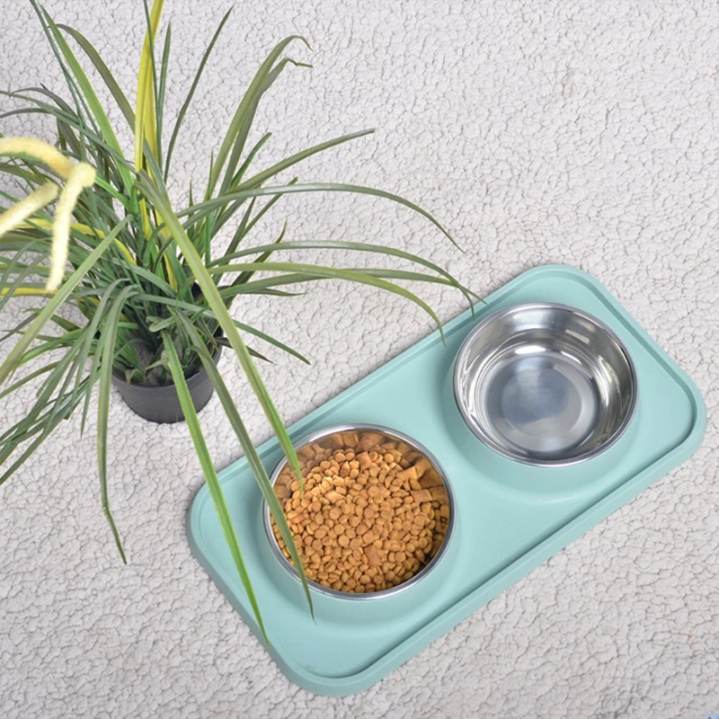 

Creative Anti Leakage Stainless Steel Double Bowl with Rectangular Non-Slip Bottom Pad Food Water Feeding Bowl Cat Dog