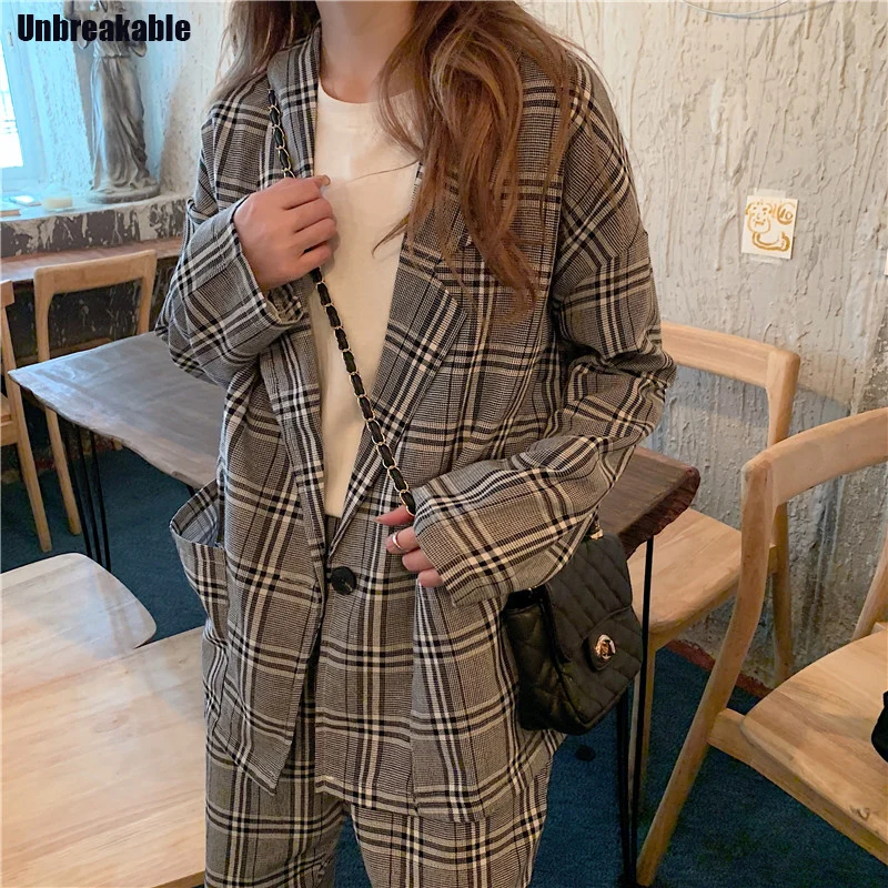 

Костюм брючный женский повседневный, Длинный блейзер оверсайз и клетчатые брюки-карандаш с эластичным поясом, винтажный костюм из 2 предмет...