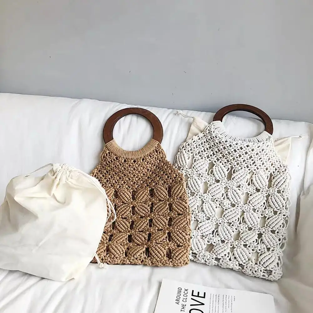 Модные хлопковые соломенные женские сумки, тканая сумка, женская сумка, ретро ручная работа, Полые сумки с деревянной ручкой для пляжа