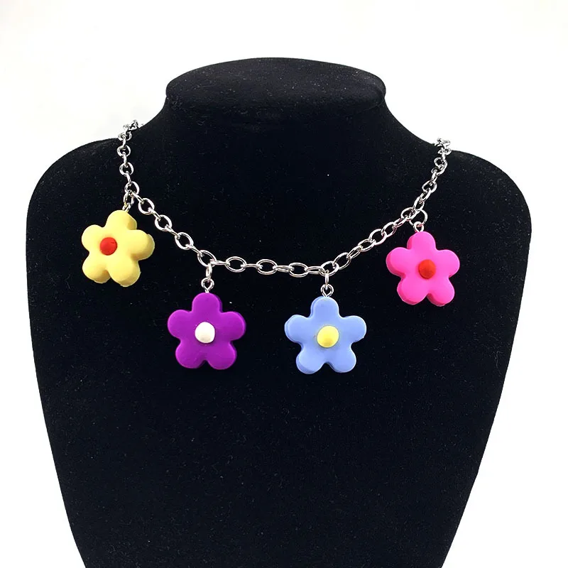 

Fashion Geometric Colorful Flower Pendant Necklaces Short Choker For Women Trendy Punk Chain Statement Necklace Jewelry colliers