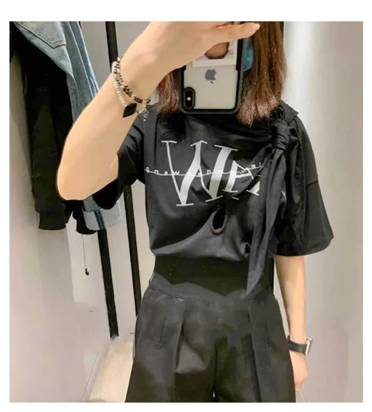 

High Quality Spring and Summer New Style Knotted Printed Short-sleeved Cotton T-shirt Women's Top Trend