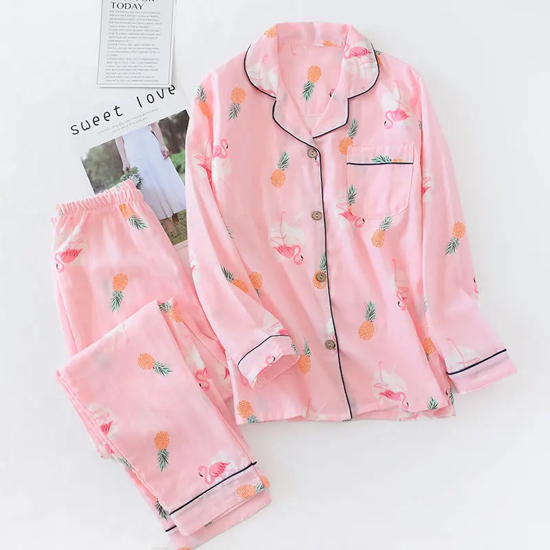 

Japanese Spring Autumn Cotton Gauze Pajamas Set Kimono Traditional Ladies Sweet Thin Homewear Long Sleeve Suit Causal Yukata