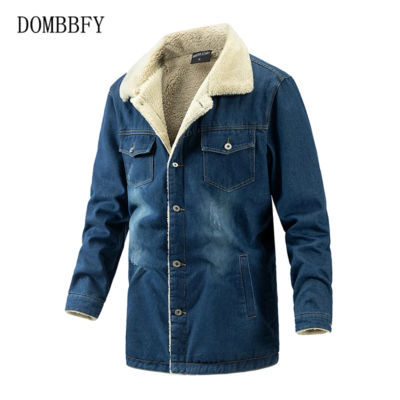 Джинсовая куртка мужская с меховым воротником утепленная куртка-бомбер из