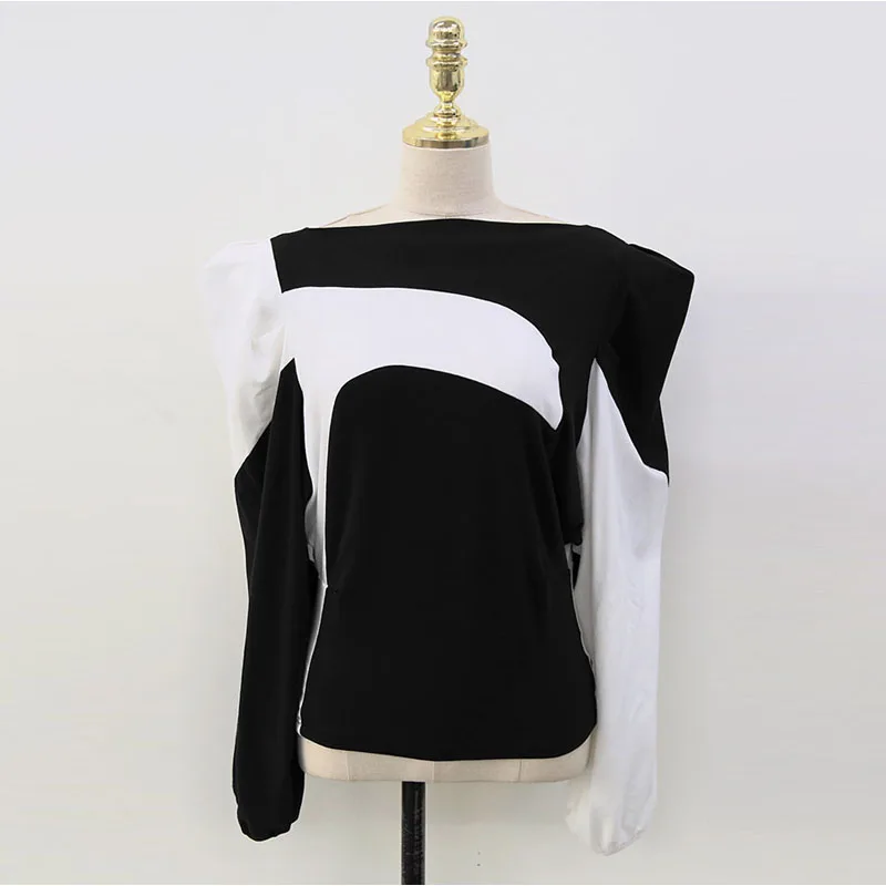 

Patchwork Woman Tshirts 2021 Spring Autumn New High Street Slash Neck Puff Sleeve Tee Slim Korean Chic Fashion Pullovers