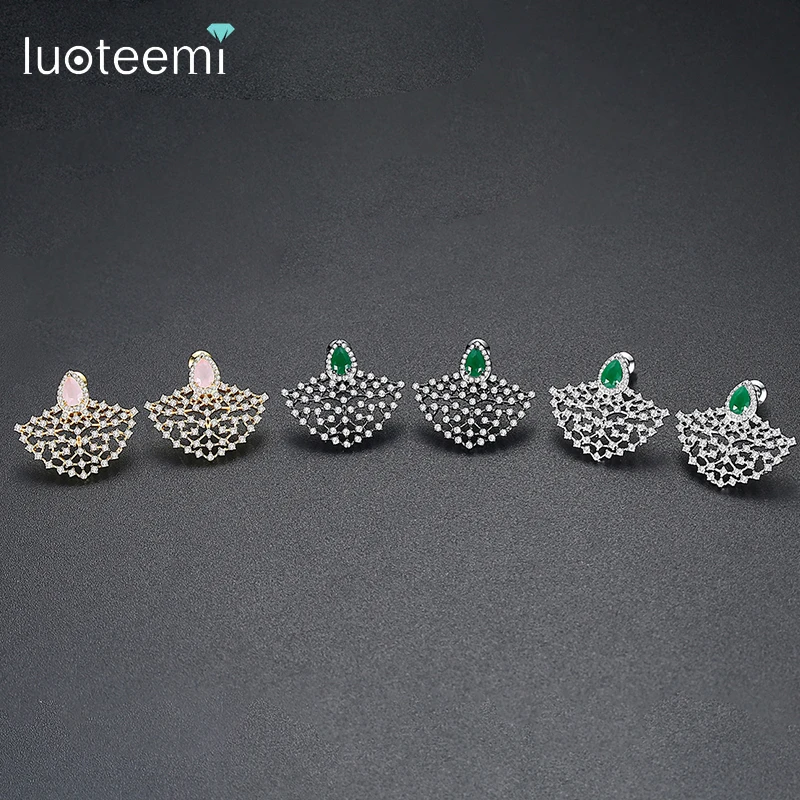 

LUOTEEMI New Design Vintage Sectorial Stud Earrings for Women Wedding Party Pink Green Cubic Zircon Fashion Jewelry Brincos
