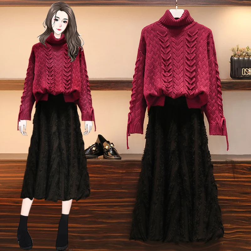 

Big Sizes Sweater Turtle Neck Twisted Sweet Flower Sweater Black Pleated Skirt Leisure Suits Two Pcs Suits Women Outfit Knit