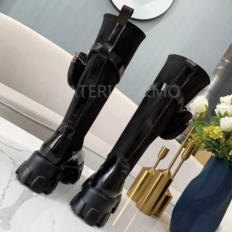 

Thick Sole Knee High Boots Round Toe Pocket Long Boots Genuine Leather Splicing Stretch Cloth Boots With Coin Purse Design Boots