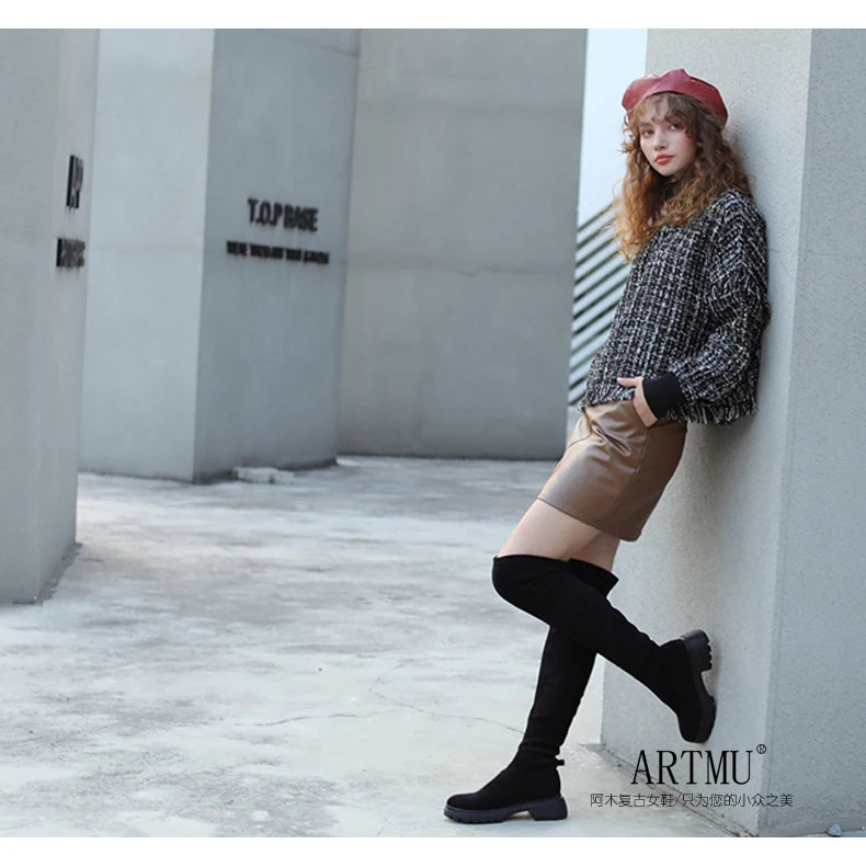 Artmu Original Women Boots Over-the-knee Butterfly Thick Bottom Elastic Boots Thin Boots Handmade High Boots New Black 9013