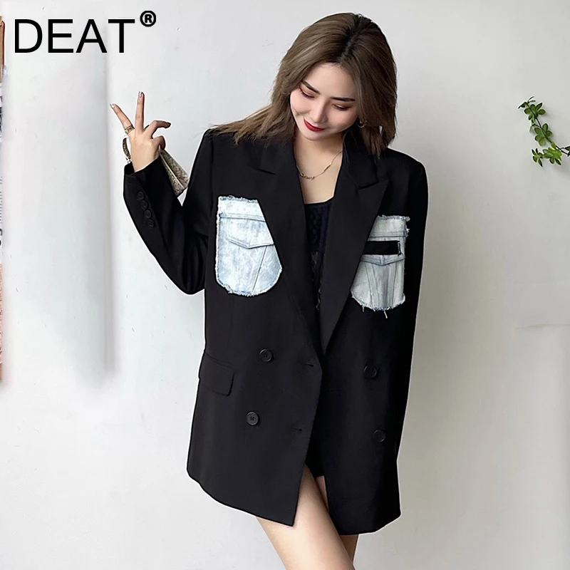 

DEAT 2021 Autumn And Winter Temperament Personalized Patchwork Double Breasted New Fashion Long Sleeved Blazer Female 7I3626