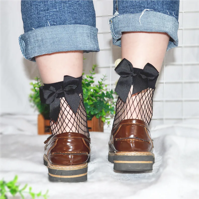 2020 японские чулки весна и лето тонкая сетчатая черная обувь с большим бантом |