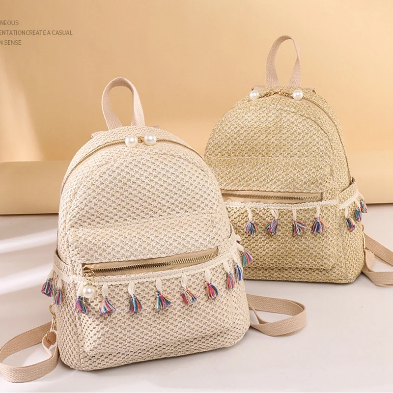 

NEW-Ethnic Wind-Woven Tassel Casual Bag Fashion Texture Women's Backpack