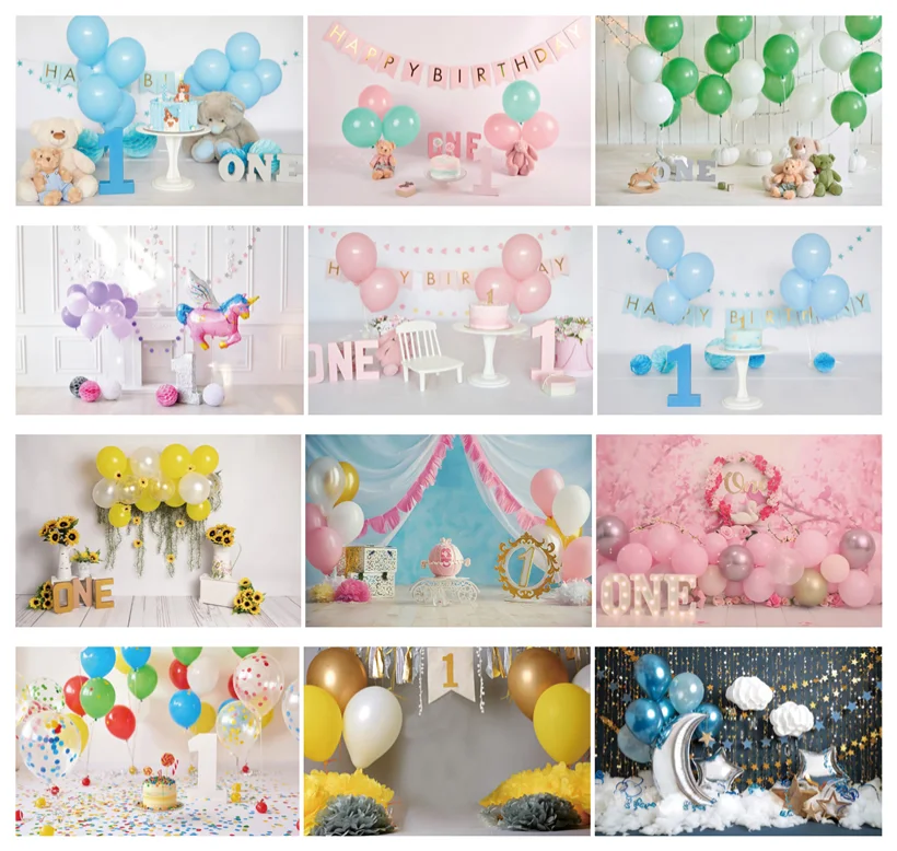 

1st Birthday Photography Backdrop Newborn Baby Shower Cake Smash Phopto Background Children Balloons Flowers Studio Photocalls