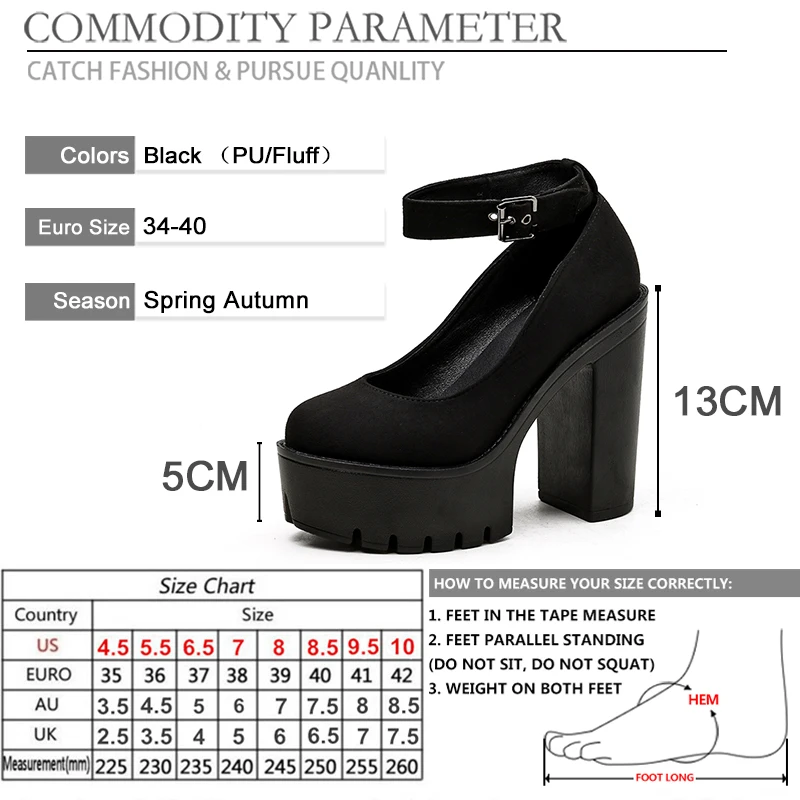 

BYQDY Gothic Women Mary Jane Platform Pumps Ankle Strap Thick 13cm Round Chunky Heel High Heels Dress Buckle Shoes Cover Heels