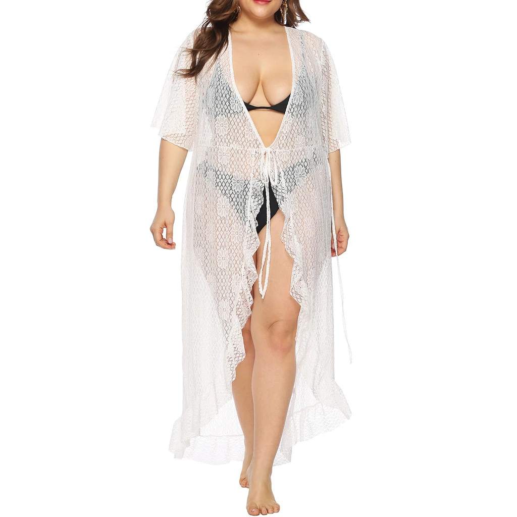 Вязаное крючком белое пляжное платье туника длинное бикини однотонный кардиган