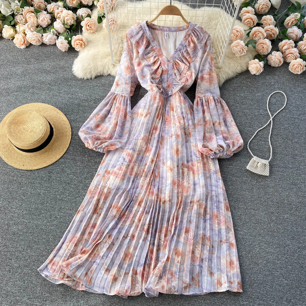

C447 Women's New Fashion Autumn V-neck Long Sleeve High Waist Thin Floral Print Pleated Dress Sweet Clothes Korean Vestidos