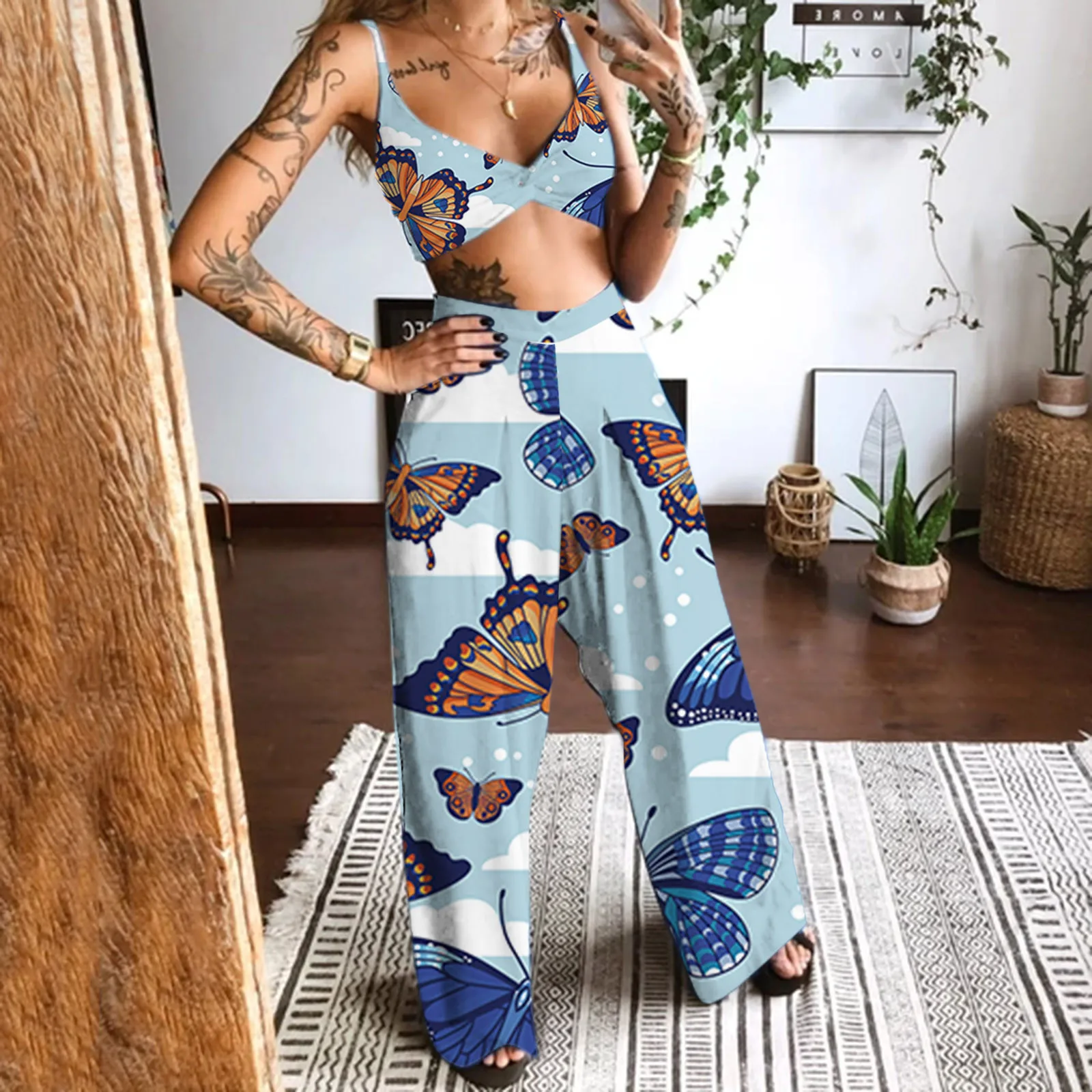 

Women's Clothing 2021 summer Casual Butterfly Printed Sleeveless Camis Pant Suits Pants Ensemble Femme 2 Pices