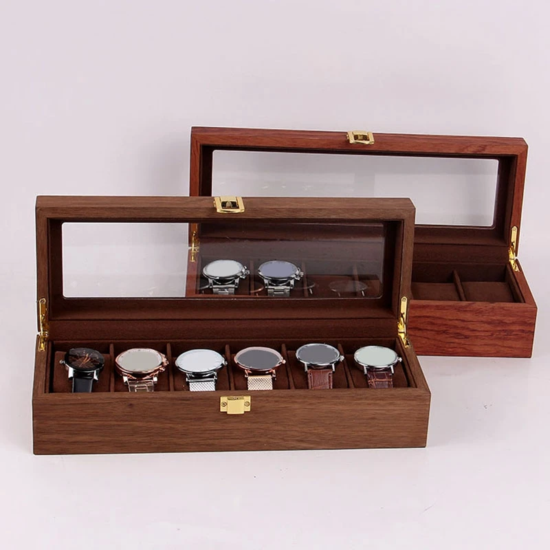 

6 Slots Wooden Watch Display Case, Glass Topped Wooden Display Case