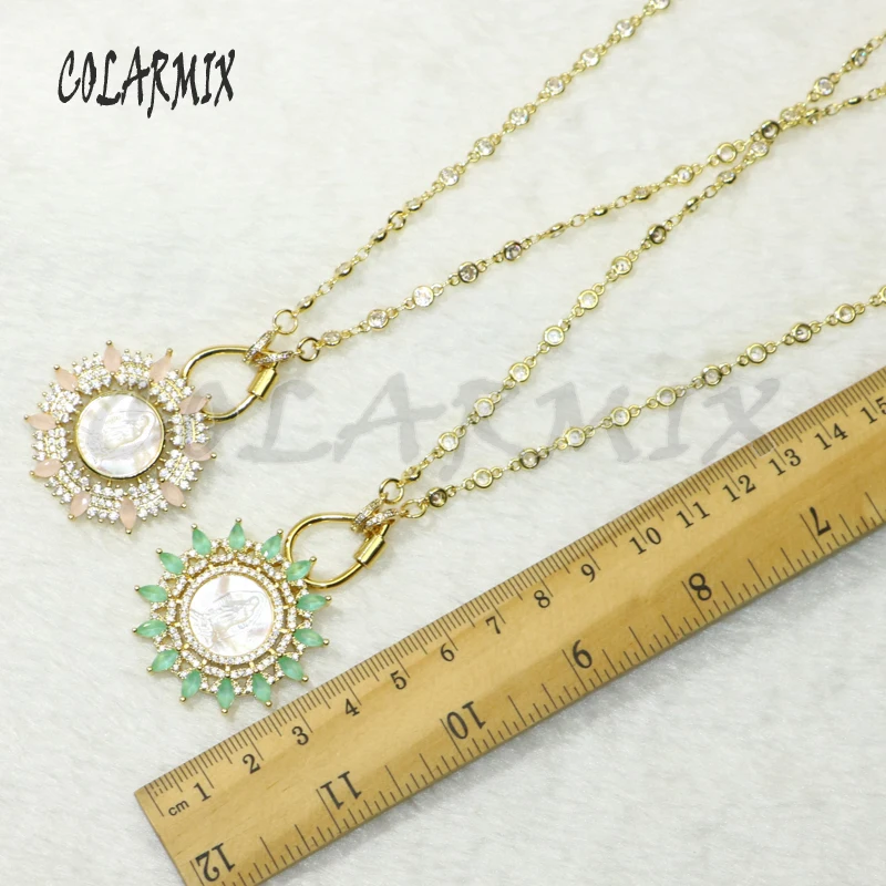 

2Pcs Zircon Solar Medal Pendant White shell charms pendant necklace zircon handmade jewelry Chain necklace gift for lady 50468