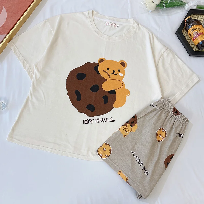

Biscuit Bear Pajamas Women's Summer Korean Style Short Sleeve Cotton Fresh Set Spring Autumn Thin Plus and Extra Size