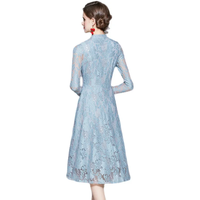 

2021 New Summer Temperament Women Lace Slim Long Dress Elegant Vintage Designer Yellow /Blue Lace Over The Midi A-Line Dresses