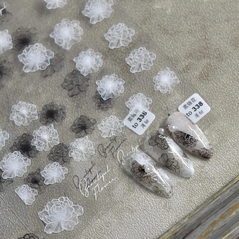 

Белый черный прозрачный цветок 5D наклейка для ногтей романтическая живопись полупрозрачный клей тонкая переводная наклейка для ногтей