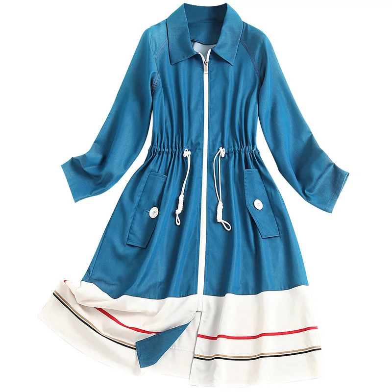 

High-end Long Trench Coat Women Turn Down Drawstring Long Sleeve Elastic Sashes Trench Fashion Casual Loose Zipper Coats 2020