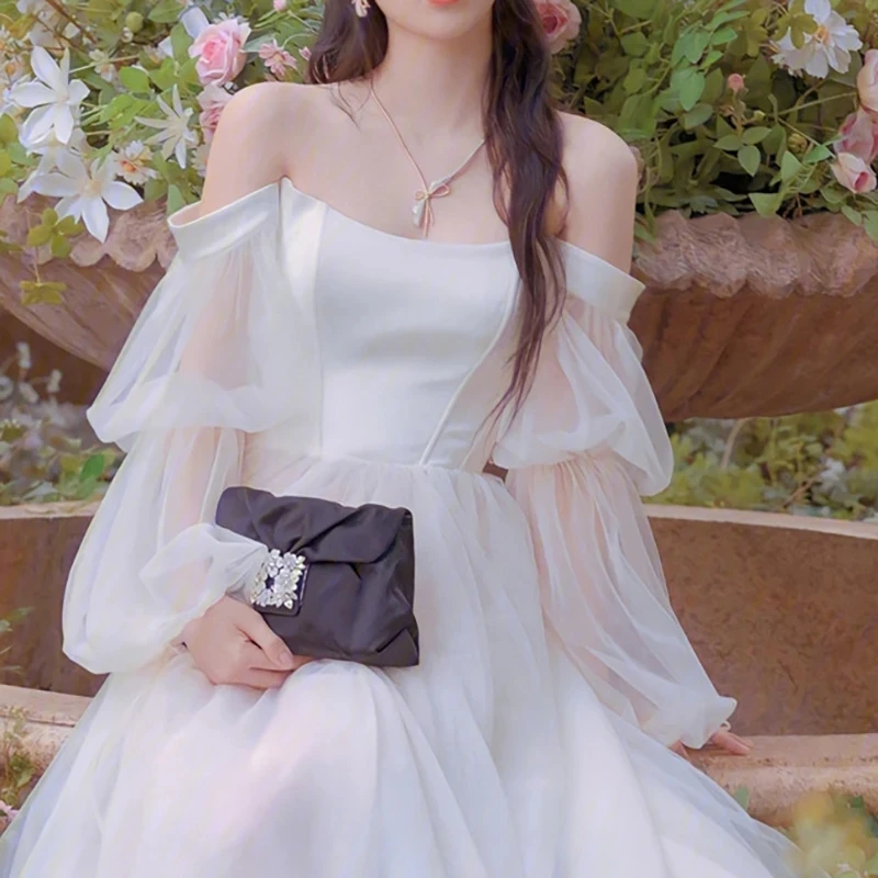 

MACDUGAL Simple A-shaped Long Lantern Sleeve Strapless Tulle Zipper Bone Customized Long Princess Wedding Dress Mopping