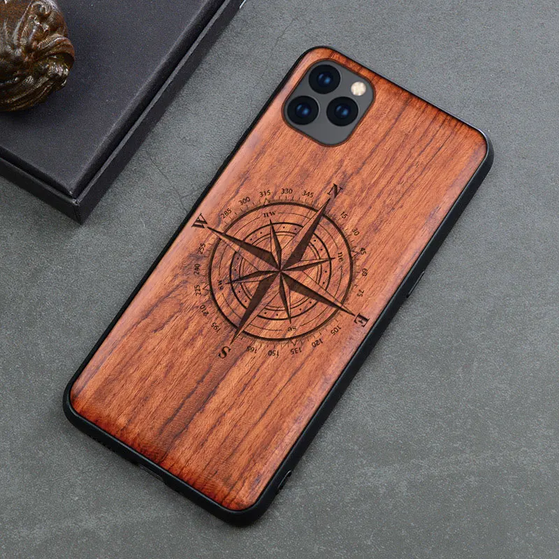 Carved Real Wood Case for iPhone 11 Wooden TPU Frame Skull Wave Flora Pro Max 7 8 Plus XS X XR |