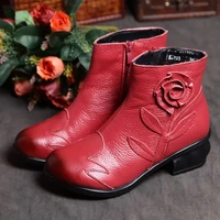 ladies cow leather boots autumn winter plush warm shoes for womens black moccasins flower female boots