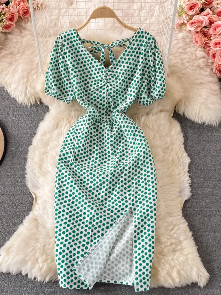 

Women Split Polka Dot Dress 2021 Summer New France Ladies V-neck Waist Bodycon Backless Drawstring Dresses