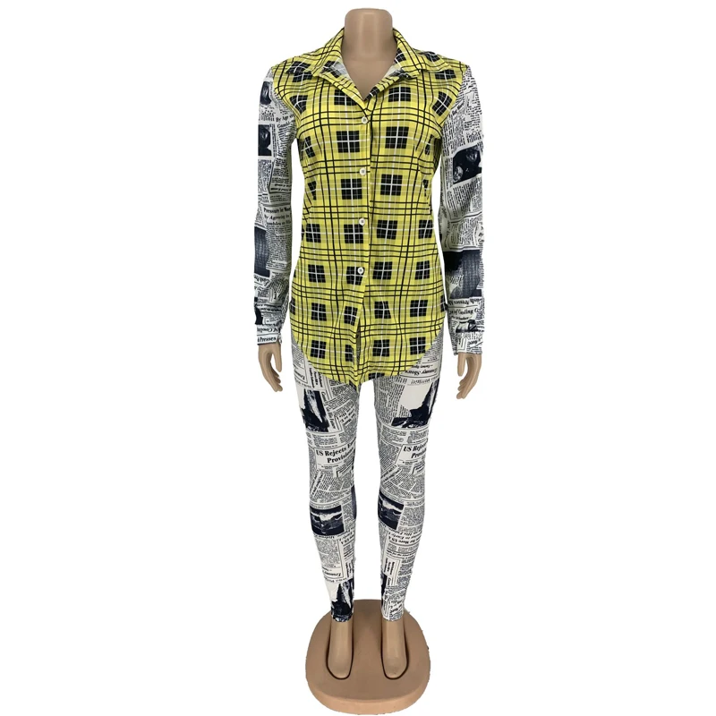 

ZKYZWX Newspaper Plaid Patchwork 2 Piece Set for Women Long Sleeve Button Shirts Fashion Pencil Pants Streetwear Matching Sets