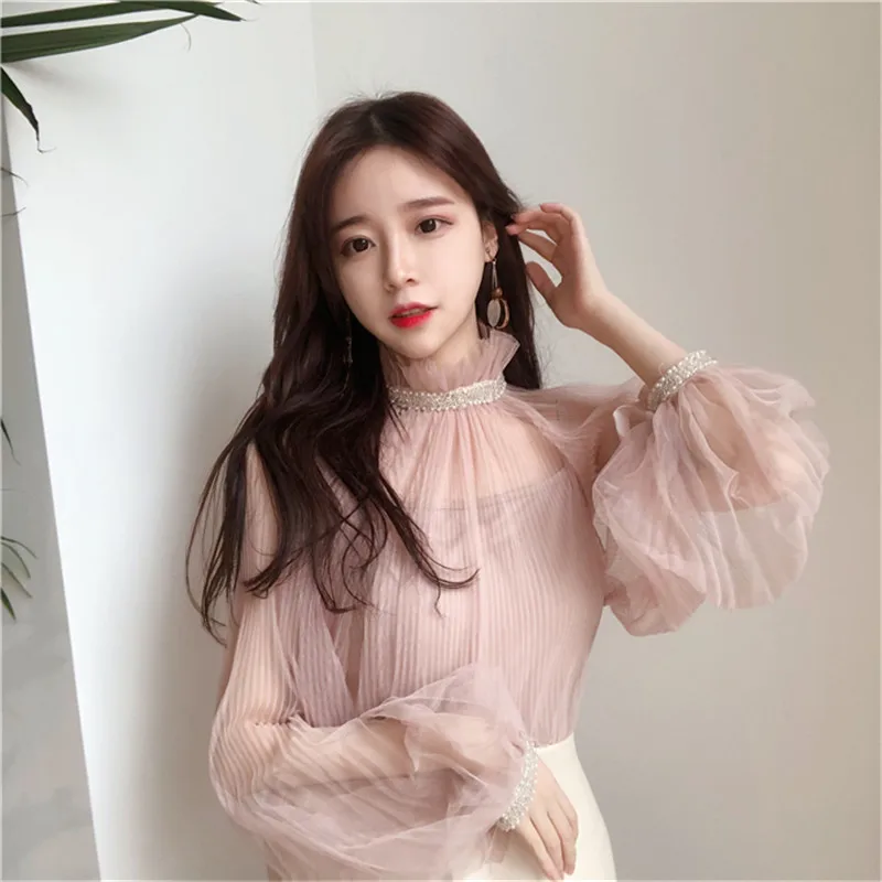 Женские прозрачные сетчатые рубашки Neploe Весенняя однотонная блузка из двух