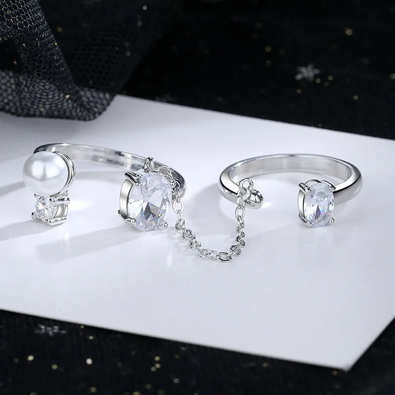 

New Woman Fashion Jewelry Ins style High Quality Double Couples Rings Size Adjustable Open Ring Pearls Fit Summer Beach Vacation