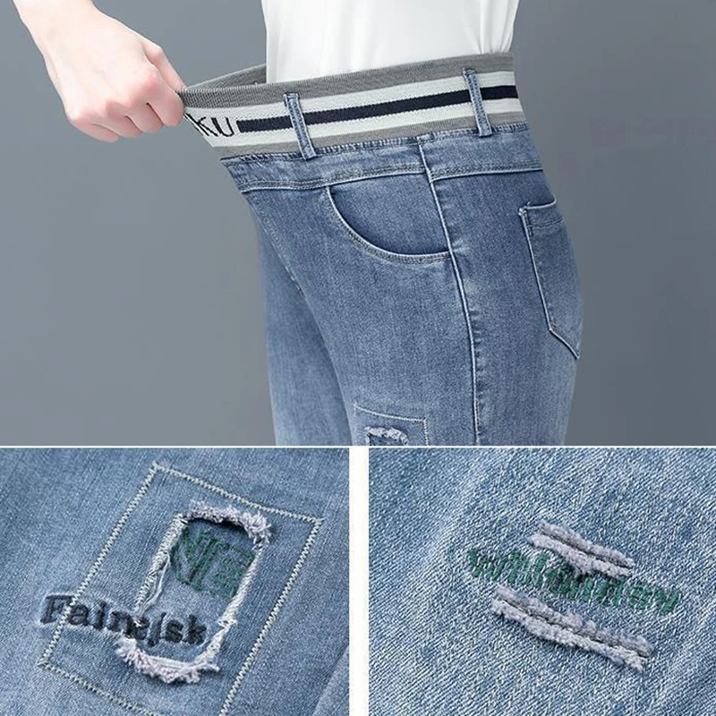 

Super Elastic High Waist Embroidery Skinny Jeans Silm Women Spring Autumn Stretch Pencil Jeans Plus Size 32 Blue Denim Trousers