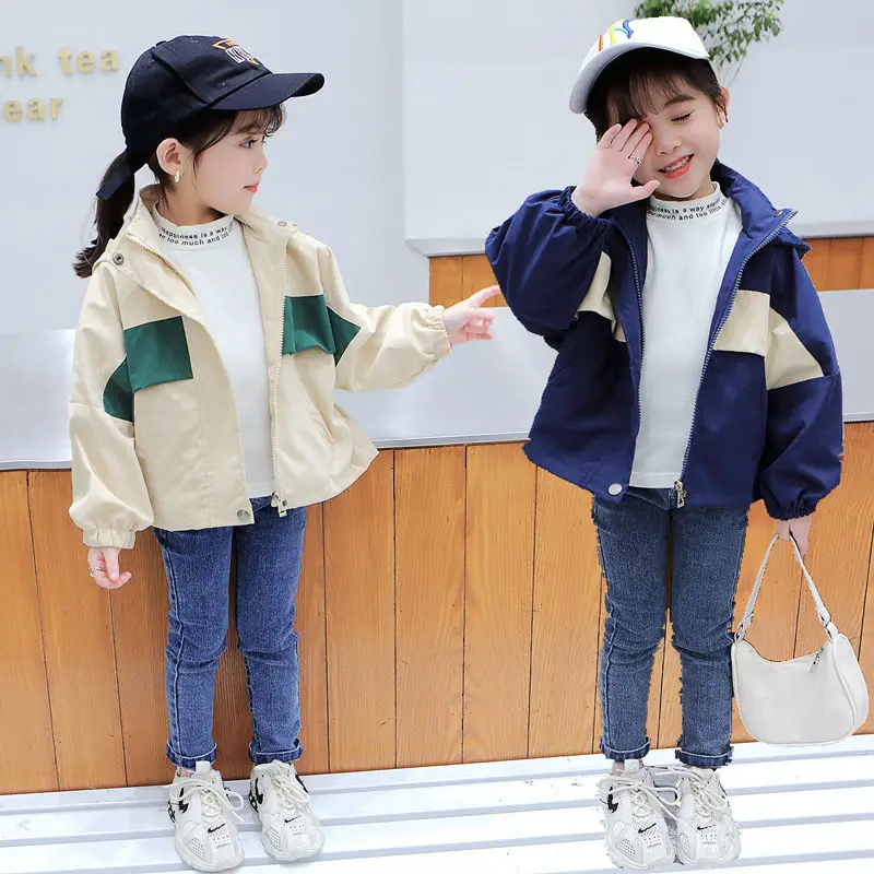 

2020 Spring Autumn Girls New Style Hooded Cotton Zipper Windbreaker Casual Fashion Color-Blocking Top Coat
