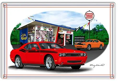 

Dodge Challenger Red Garage Art Metal Sign by Rudy Edwards 20x30