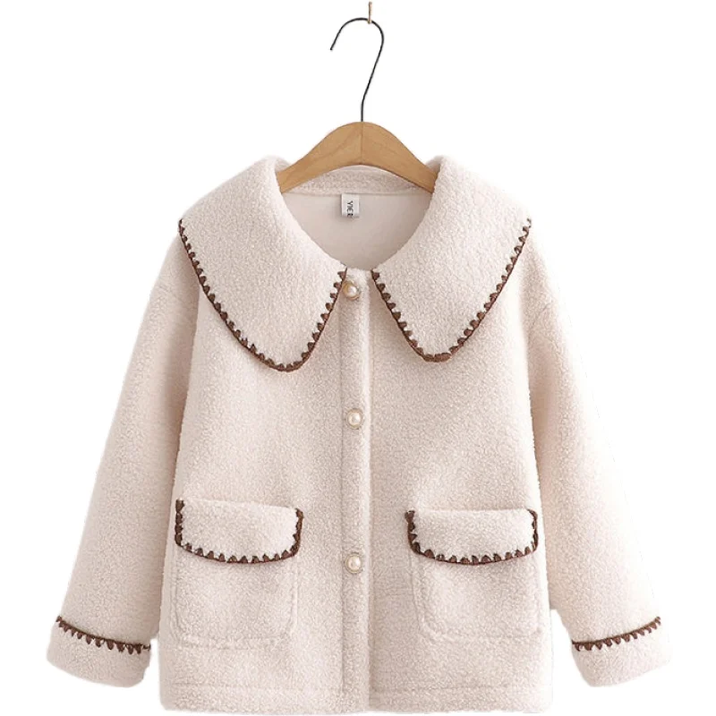 Autumn Winter Women Outerwear Lamb Wool Plus Velvet Thick Casual Retro Loose Coat Pockets Single Breasted Pink Outerwear 209762