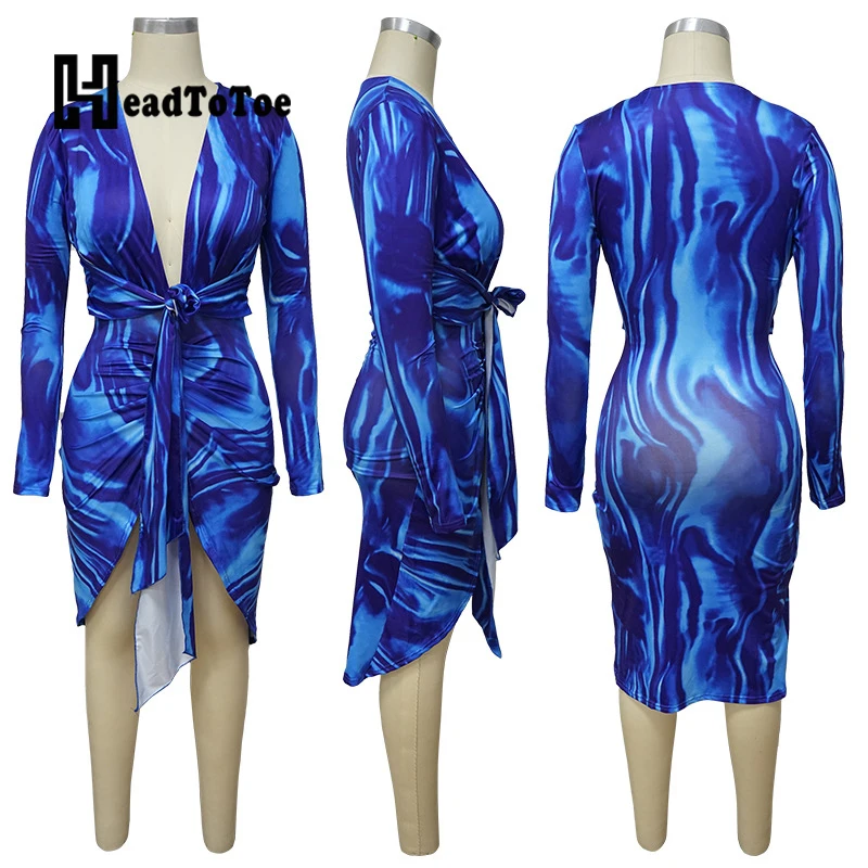 

Wave Print Lace Up Sashes Sexy Party Dresses for Women Full Sleeve Deep V Neck Knee Length Skinny Slim Woman Dress