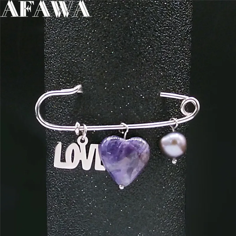 

2021 Purple Natural Crystal Stainless Steel Freshwater Pearls Love Heart Pins Women/Men Silver Color Jewelry broches XXS01