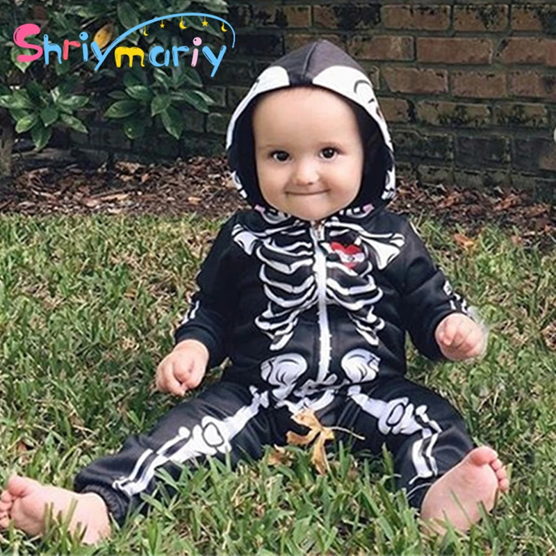 

Halloween Skeleton Ghost Cosplay Costume for Newborn Baby Toddler Boys Long Sleeve Hooded Romper Hat Outfits Set Overalls