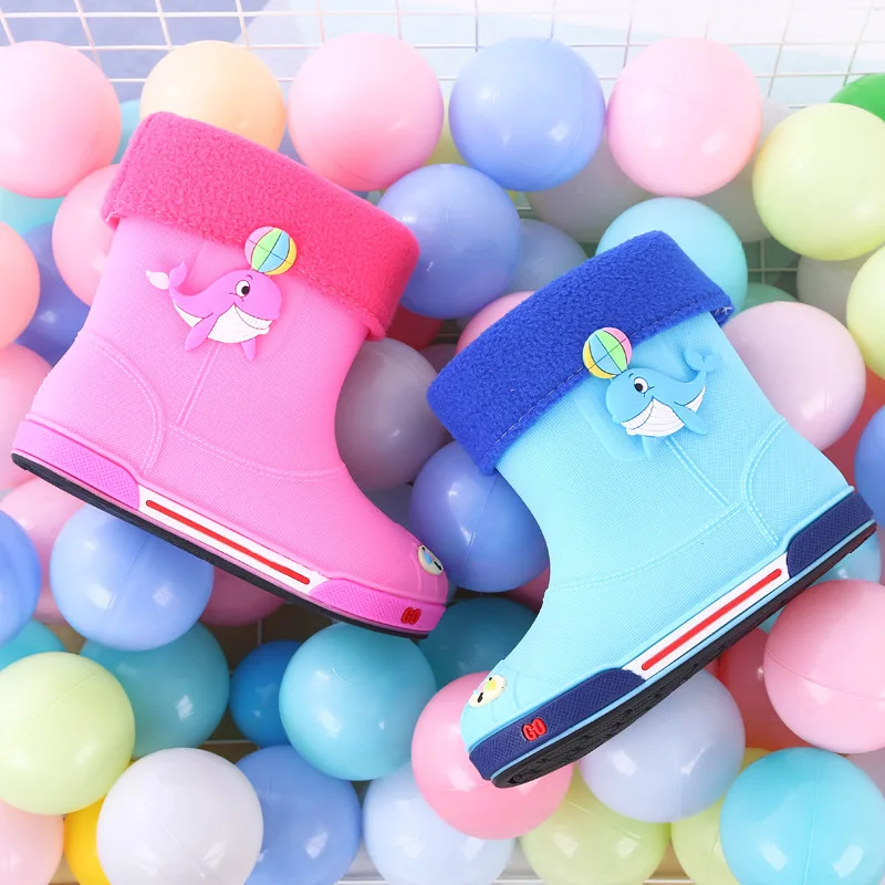 Детские резиновые ботинки теплые Нескользящие однотонные мультяшный рисунок