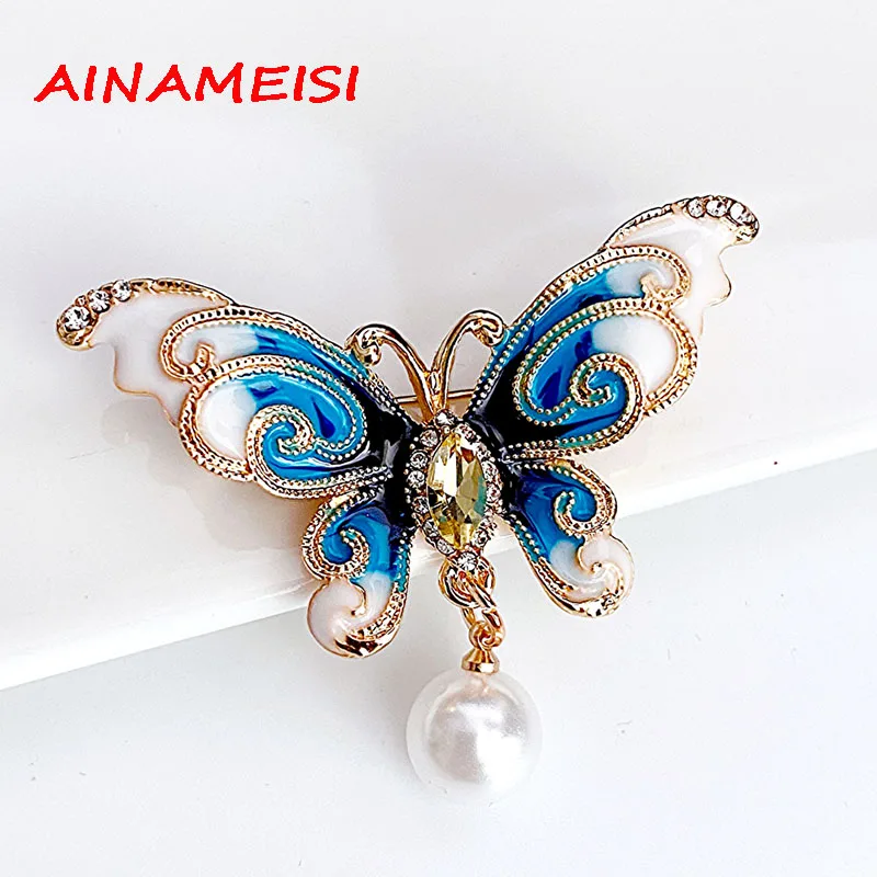 AINAMEISI новая эмалированная брошь с жемчугом в форме бабочки янтарного синего