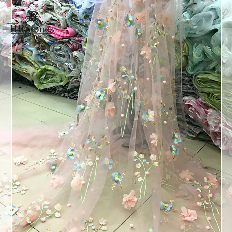 Новая мягкая сетчатая трехмерная вышитая кружевная ткань с бусинами лепестками