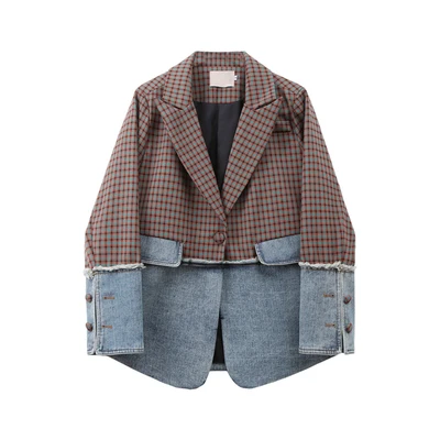 

Denim Stitching Jacket Spring and Autumn Blazer 2021 Loose Korean Fashion Top Women's Clothing Colorful Blazer Jacket for Women