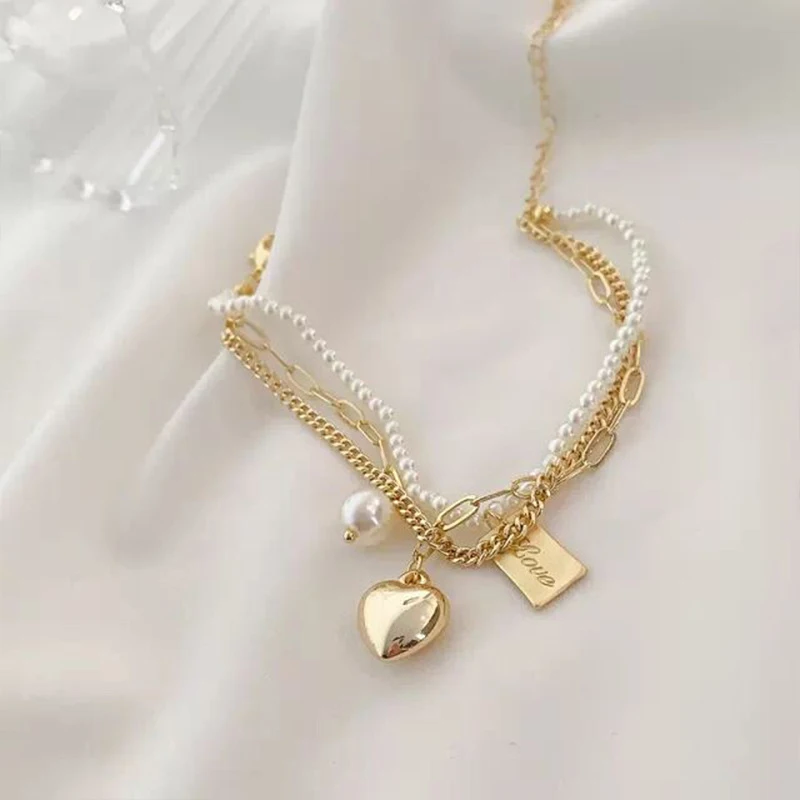 

Multilayer Peach Heart Pearl Bracelet Jewelry Romantic Girl's Elegant Wrist Accessories INS Jewelry Party Gift 2021 New Fashion