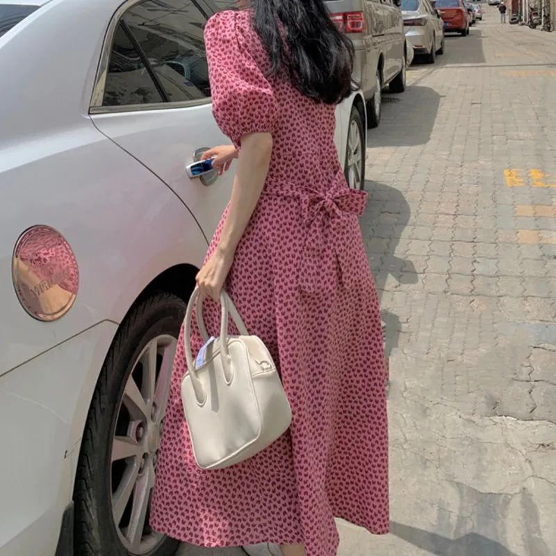

French Sweet Love Printed Maxi Dresses For Women 2021 Summer Clothes Beach Short Sleeve Bow Strappy Dress Vestidos Mujer Verano