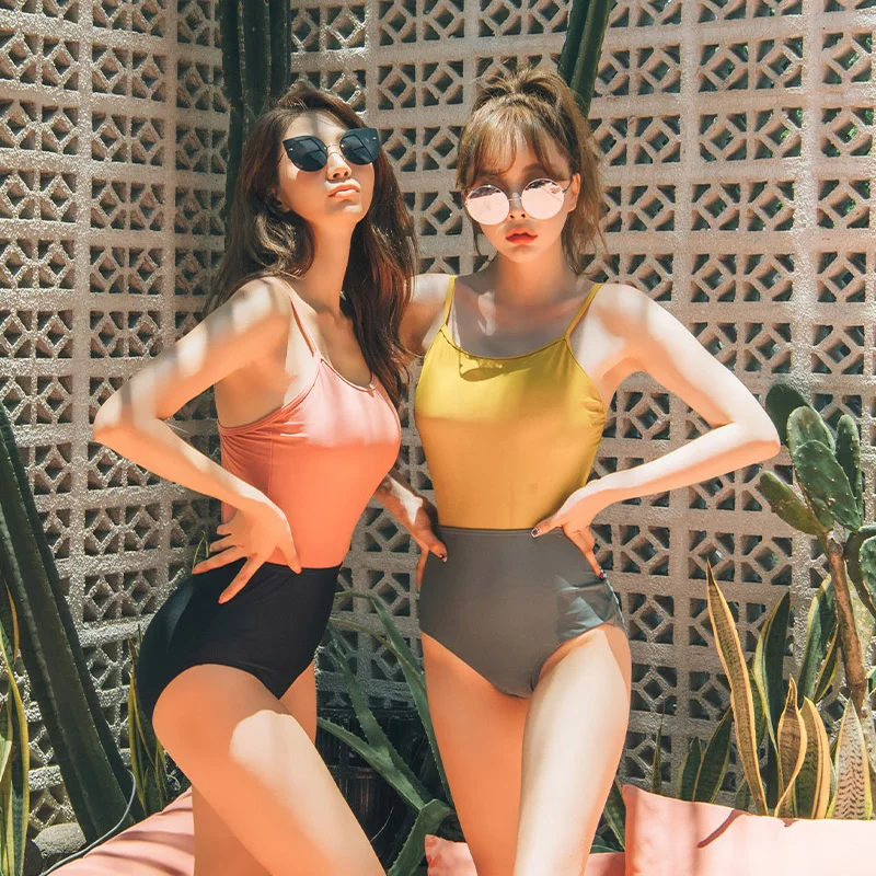 Корейский стиль цельный купальник женский однотонный пуш-ап высокое качество