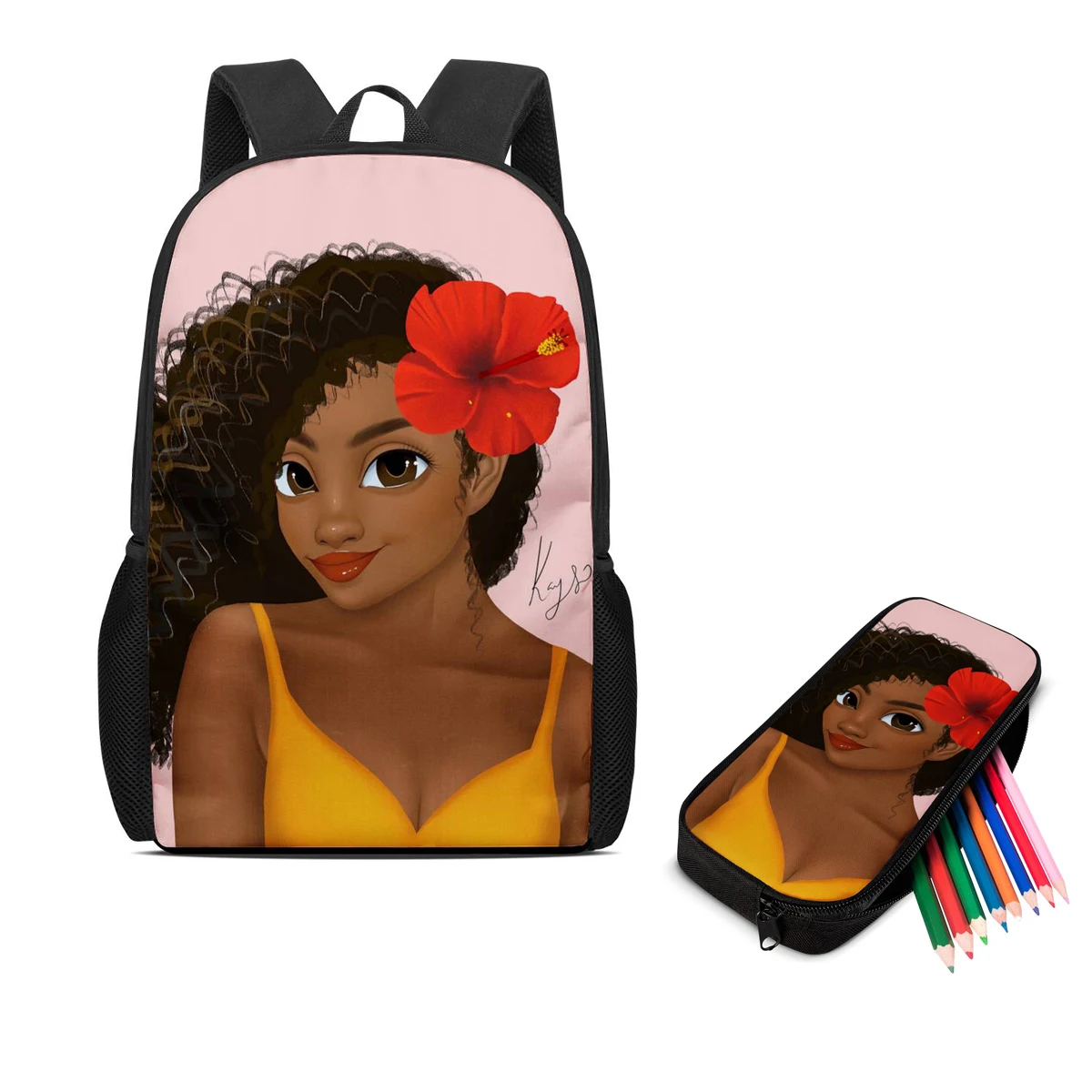 

Custom Pattern Black Girl Afro Cartoon Set Schoolbags Teenagers Girls Boys Student Travel School Book Bag Kids Mochila Backpack