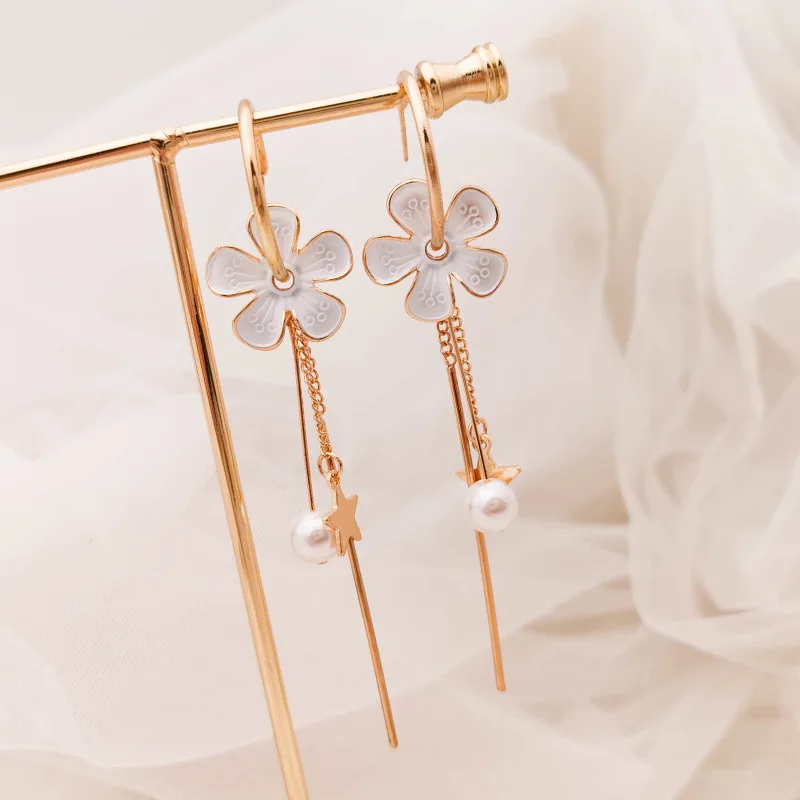 Корейские модные серьги с цветами для женщин и девушек жемчужные длинной